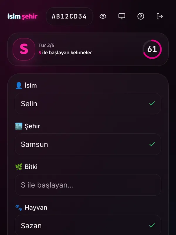 İsim şehir oyununda S harfi turu: isim, şehir, bitki ve hayvan kutuları, kalan süre 61 saniye